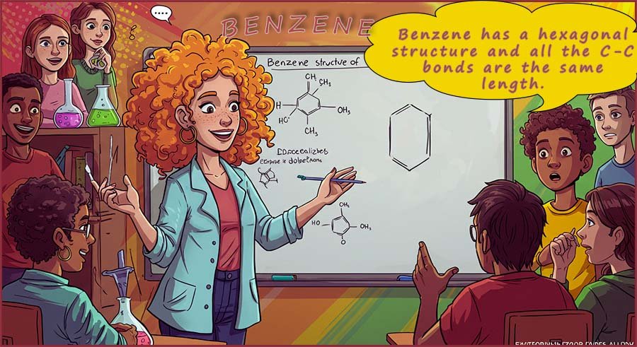 Image explains that the all the carbon carbon bond lengths in benzene are the same length .